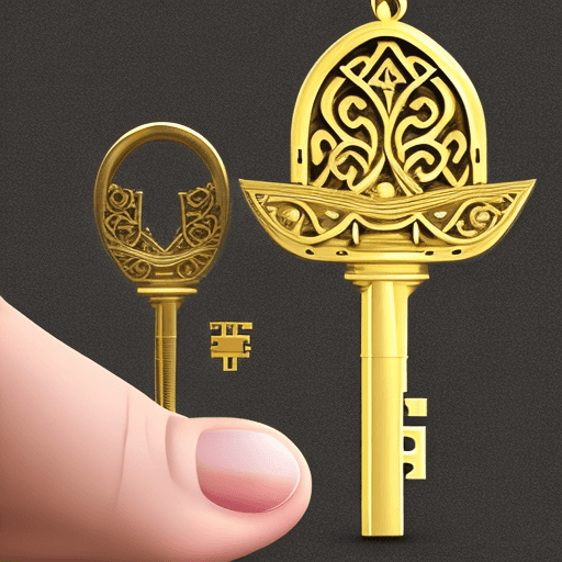 AI generated: 3D Golden key, the key head is in the shape of hamsa hand, white background, 4k


