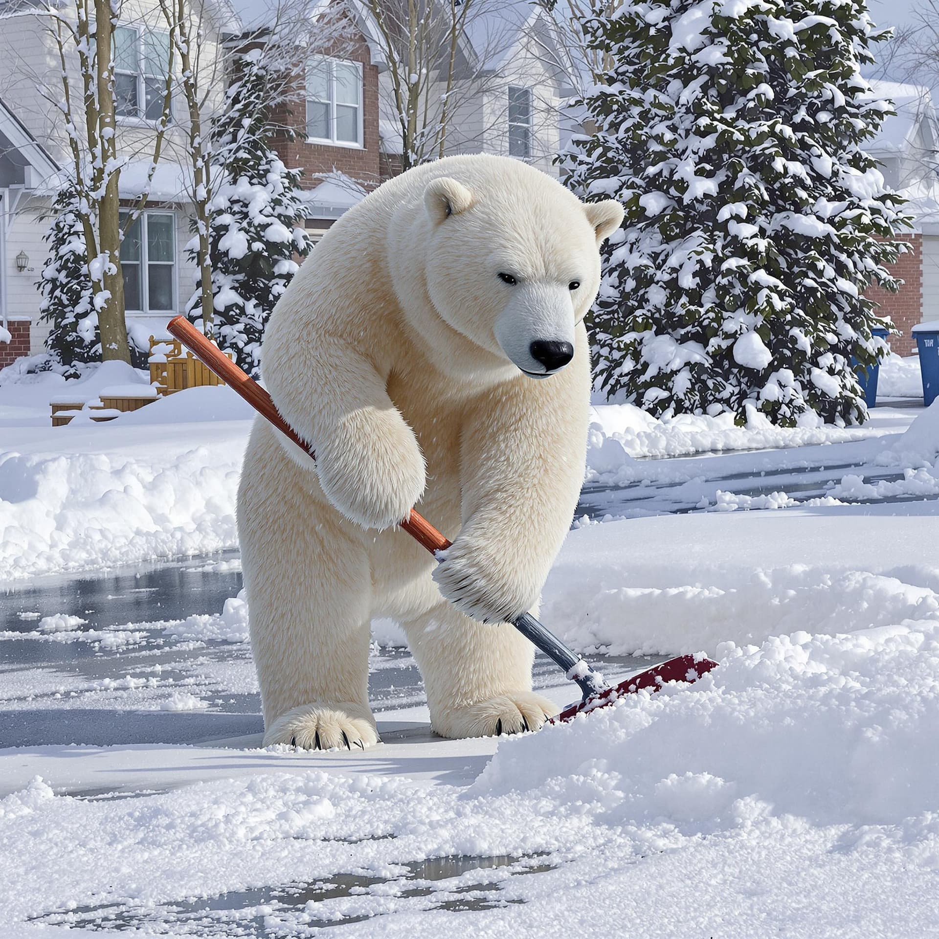 AI generated: 3d polar bear shovelling snow from driveways
