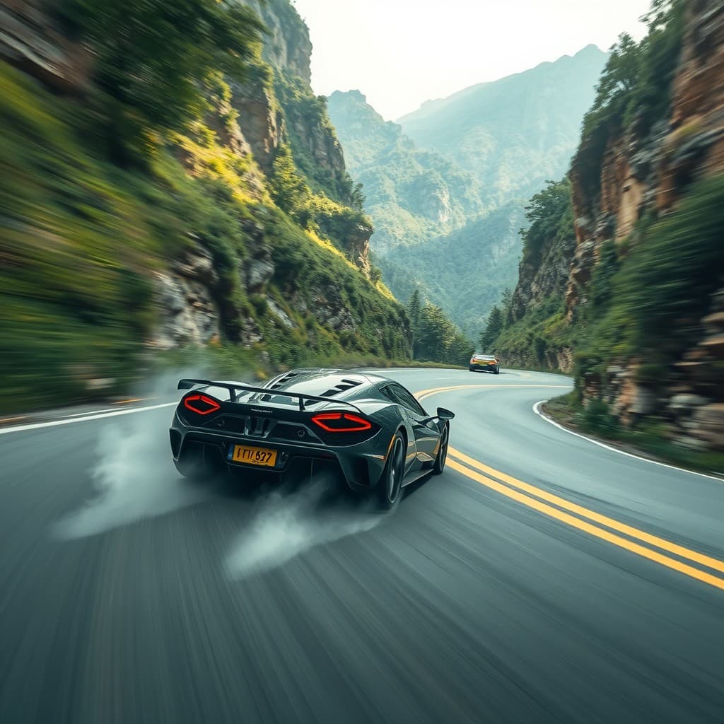 AI generated: supercar in a high-speed race on a winding mountain road, surrounded by lush greenery and dramatic c...