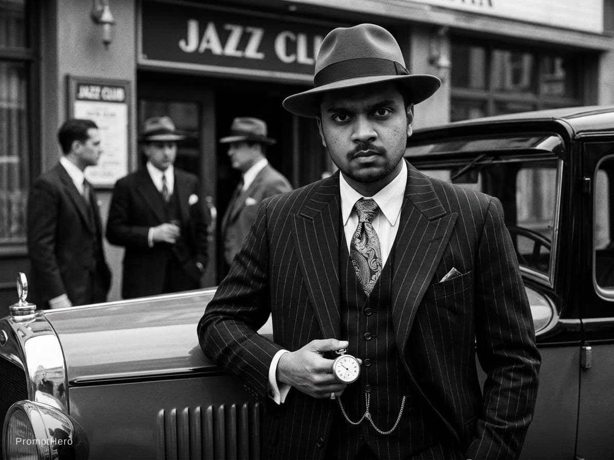 AI generated: madure man, vintaje wear, 20´s gangster look, black&white