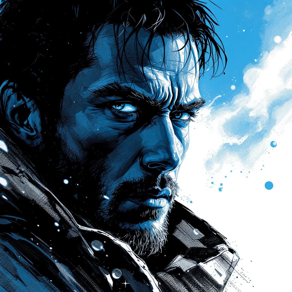 AI generated: movie poster, male character in black, white and blue, in the style of yoh nagao, light-focused --ar...