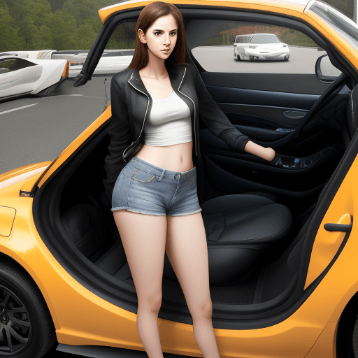 AI generated: Tall girl to huge for car, 4 k ultra HD 