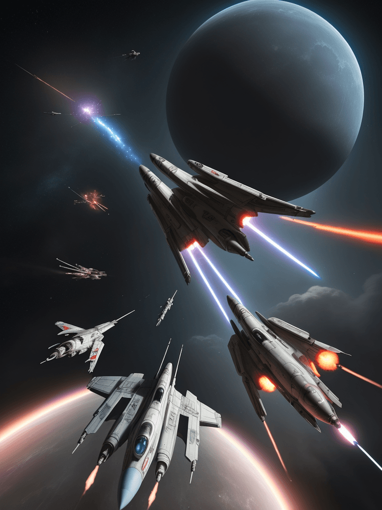AI generated: 
scif space fighters in a dogfight over a airless moon, fighters shooting, missiles flying, explosio...