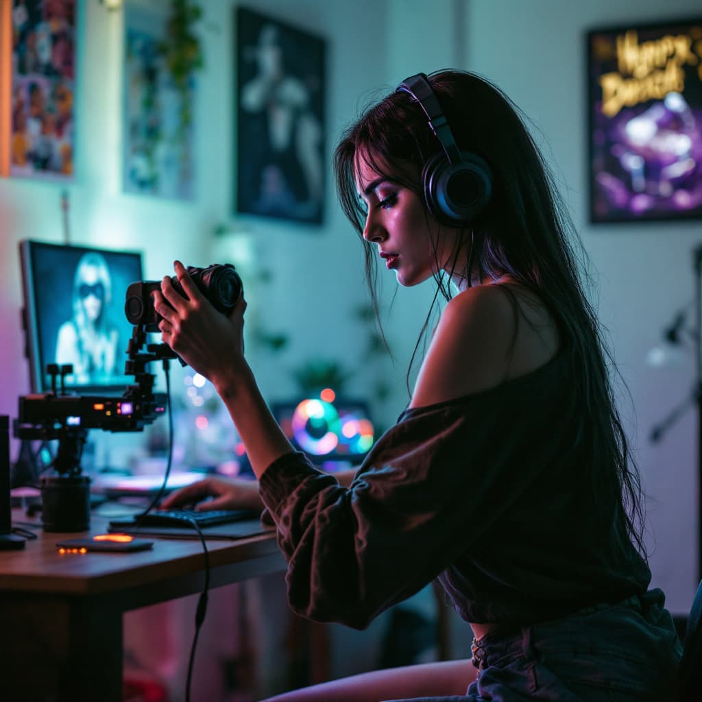 AI generated: woman publish webcam on live streaming in his room model cyberpunk