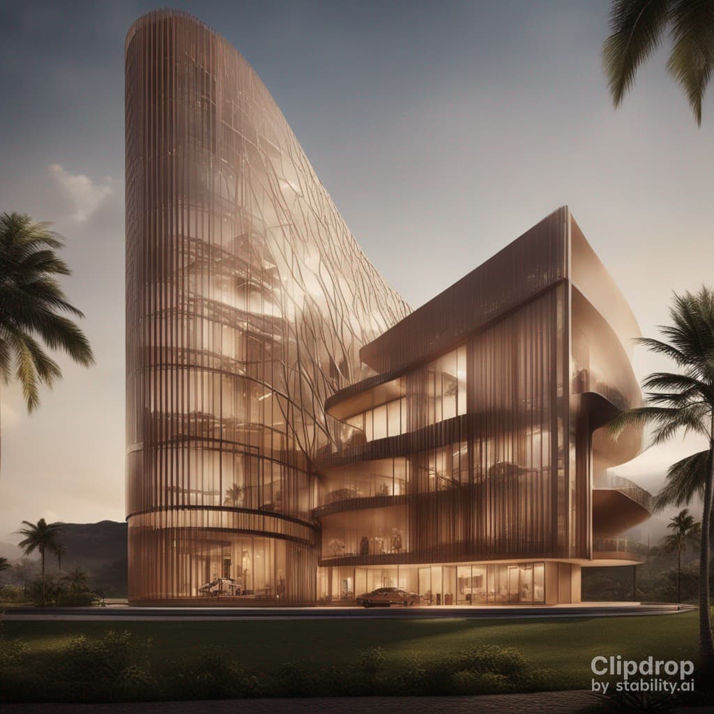 AI generated: Stylish modern building with smooth facade lines design in African patterns:: ultra modern::1 tropic...
