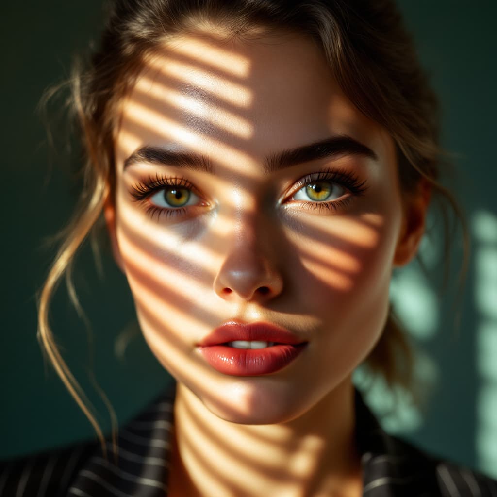 AI generated: Close-up portrait of a woman illuminated by soft, warm afternoon light streaming through window blin...