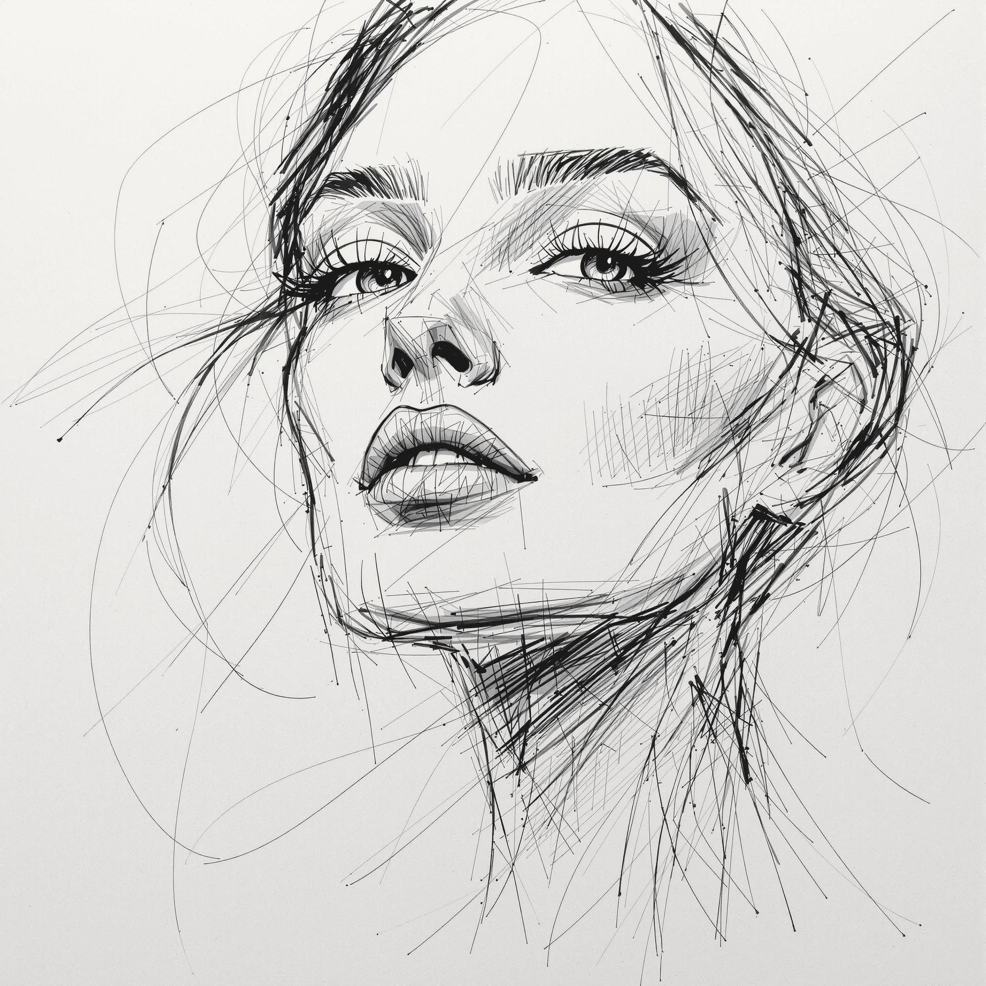 AI generated: sketch of a woman's face, expressive line-work, in the style of beautiful portraits --ar 35:64 --sty...