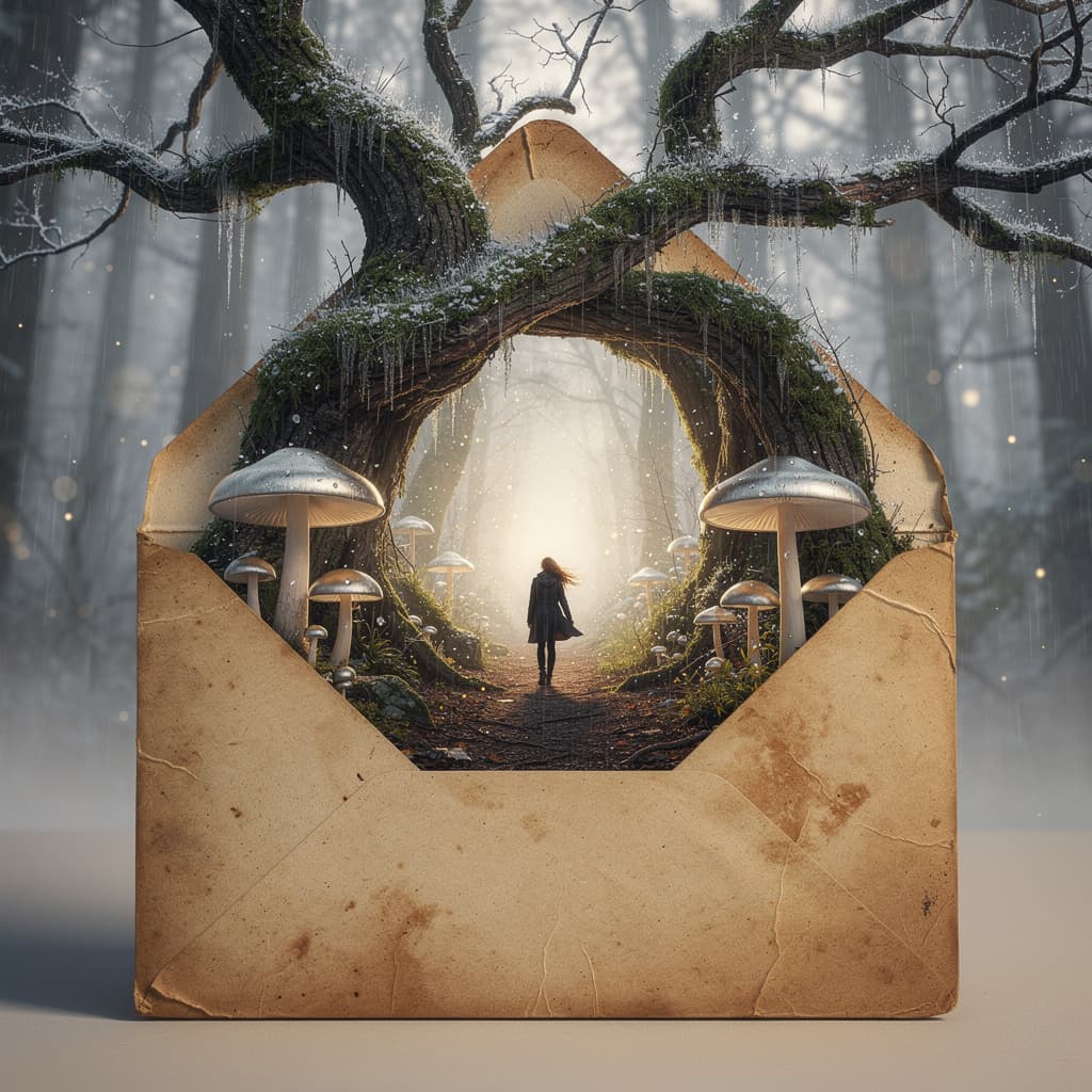 AI generated: A hyper-realistic, magical fantasy scene. A large, wintry tree gateway grows out of an opened, old e...