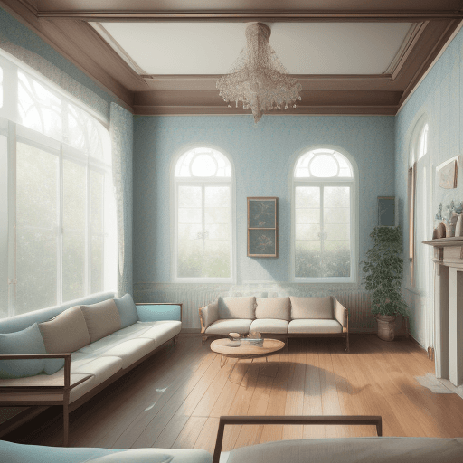 AI generated: High resolution photography interior design, dreamy sunken living room conversation pit, wooden floo...