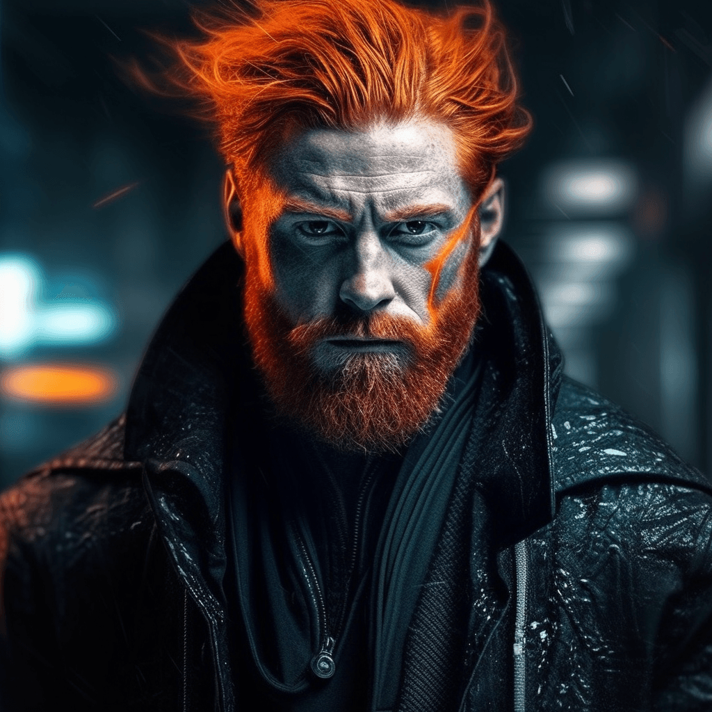 AI generated: Create a photorealistic, high-resolution 16k image of a 35-year-old man embodying cyberpunk aestheti...