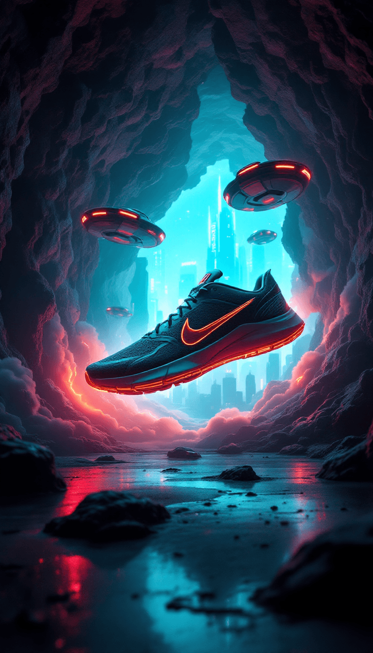 AI generated: Nike sneaker opening like a portal, futuristic cyberpunk city inside, neon lights, floating hovercar...