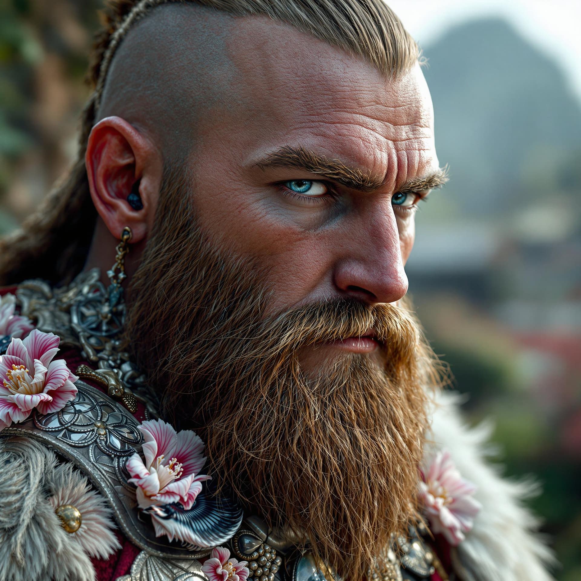 AI generated: Hyper realistic photo of a Viking, male Viking. close-up portrait ribcagel. bear, phoenix head, naut...