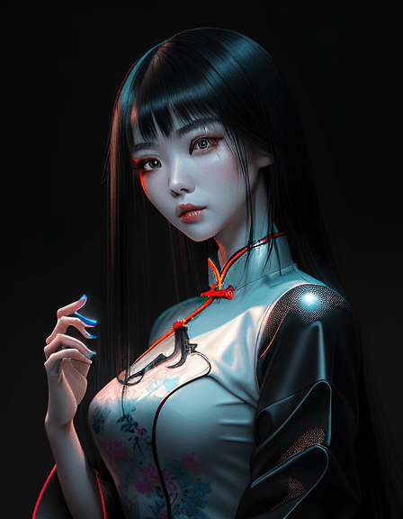 AI generated: Stunning young girl from Beijing, real portrait light makeup photo, wearing a cheongsam, long black ...