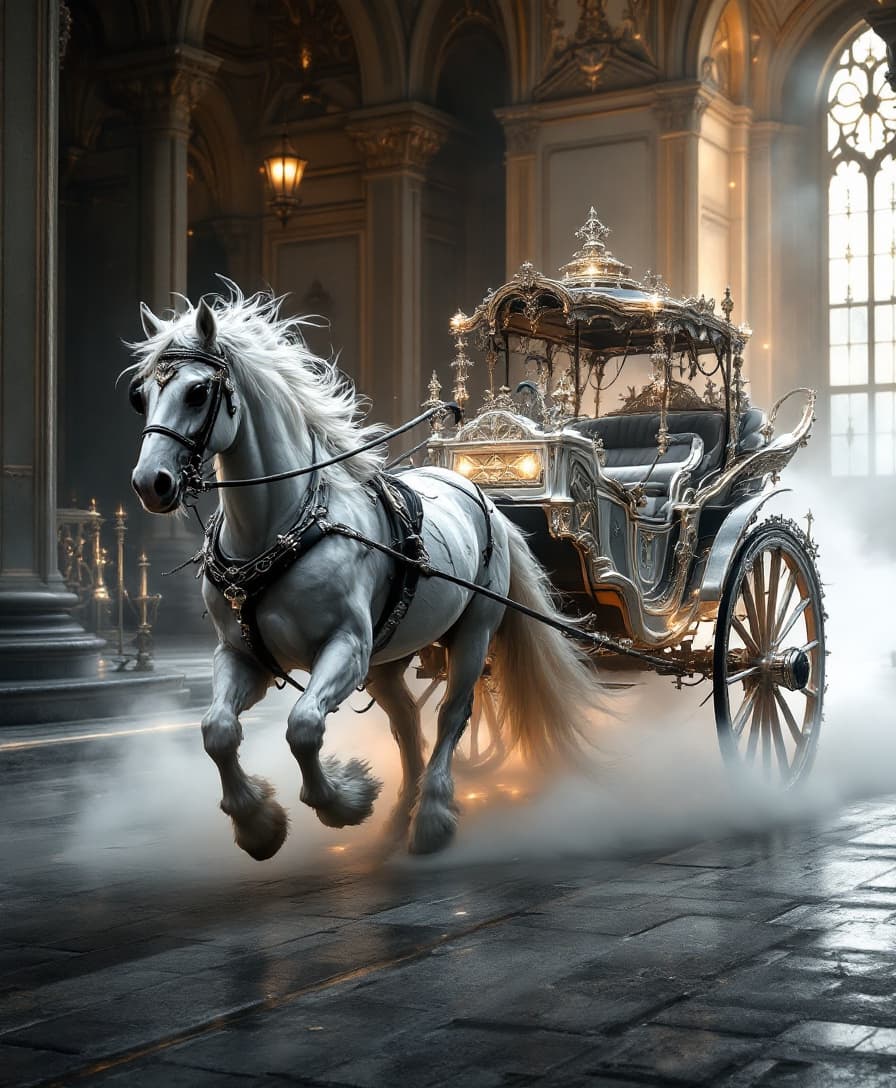 AI generated: Prompt: Enigmatic horse-drawn carriage, Majestic, Ethereal, Impressive, Brilliant, Serene, Exalted, ...