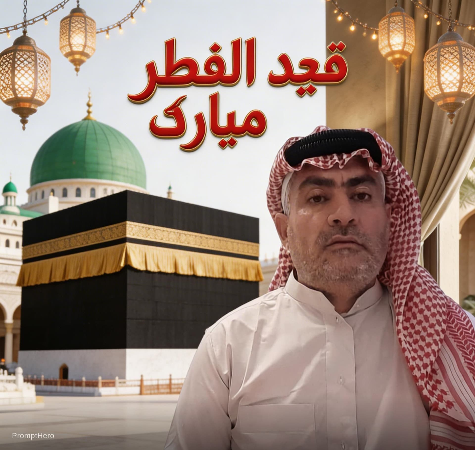 AI generated: A truly professional Eid al-Fitr greeting poster featuring a man in Arabic clothing with a neatly tr...