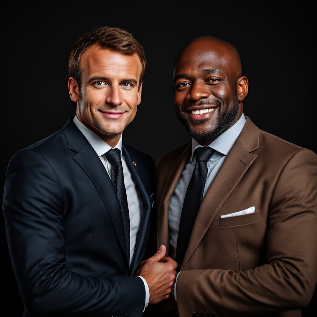 AI generated: a portrait of two men together , Emmanuel Macron and Chidi Anagonye together