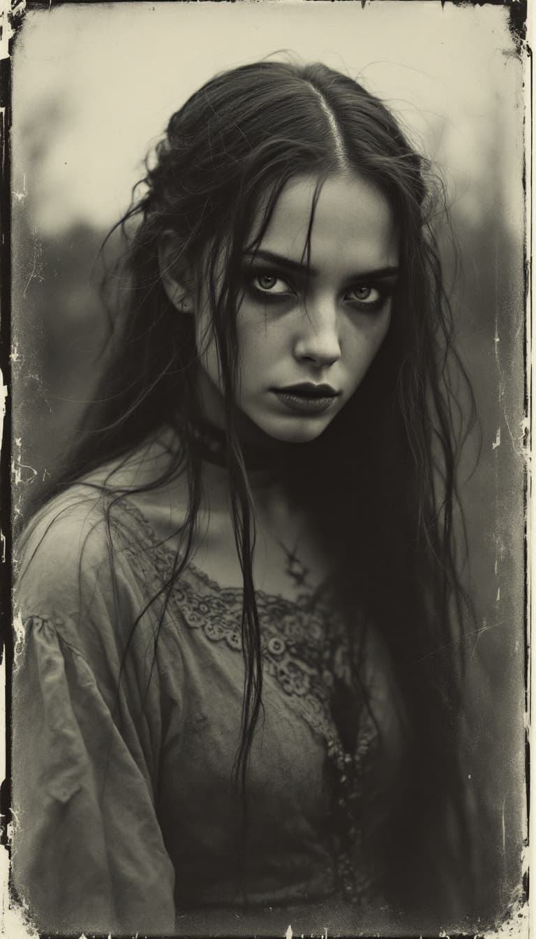 AI generated: woman, old polaroid photo, medieval, sad mood, b&w