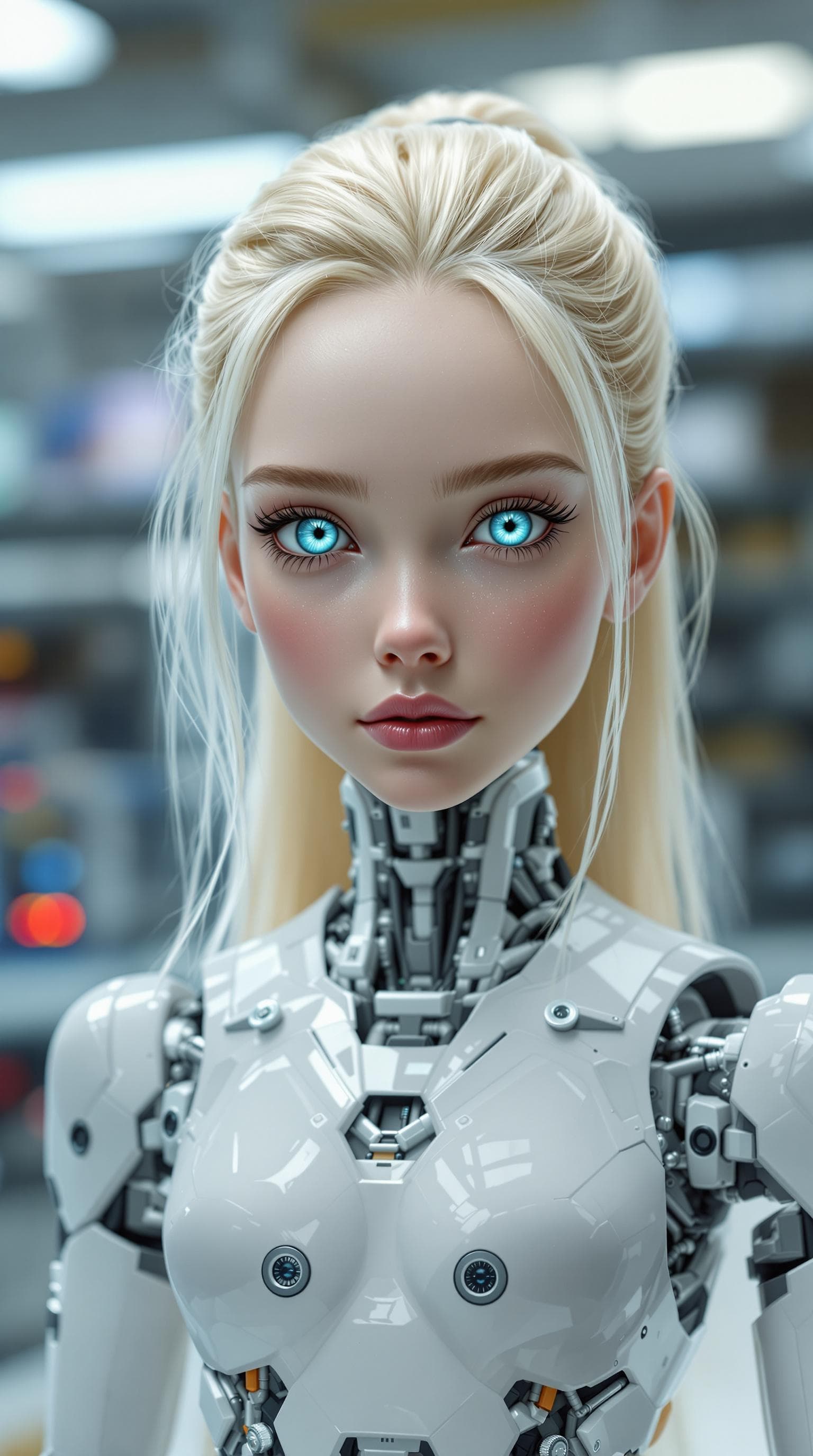 AI generated: exceptionally beautiful blonde hair blue eyed (age 7), artificial intelligence robot, (futuristic),(...