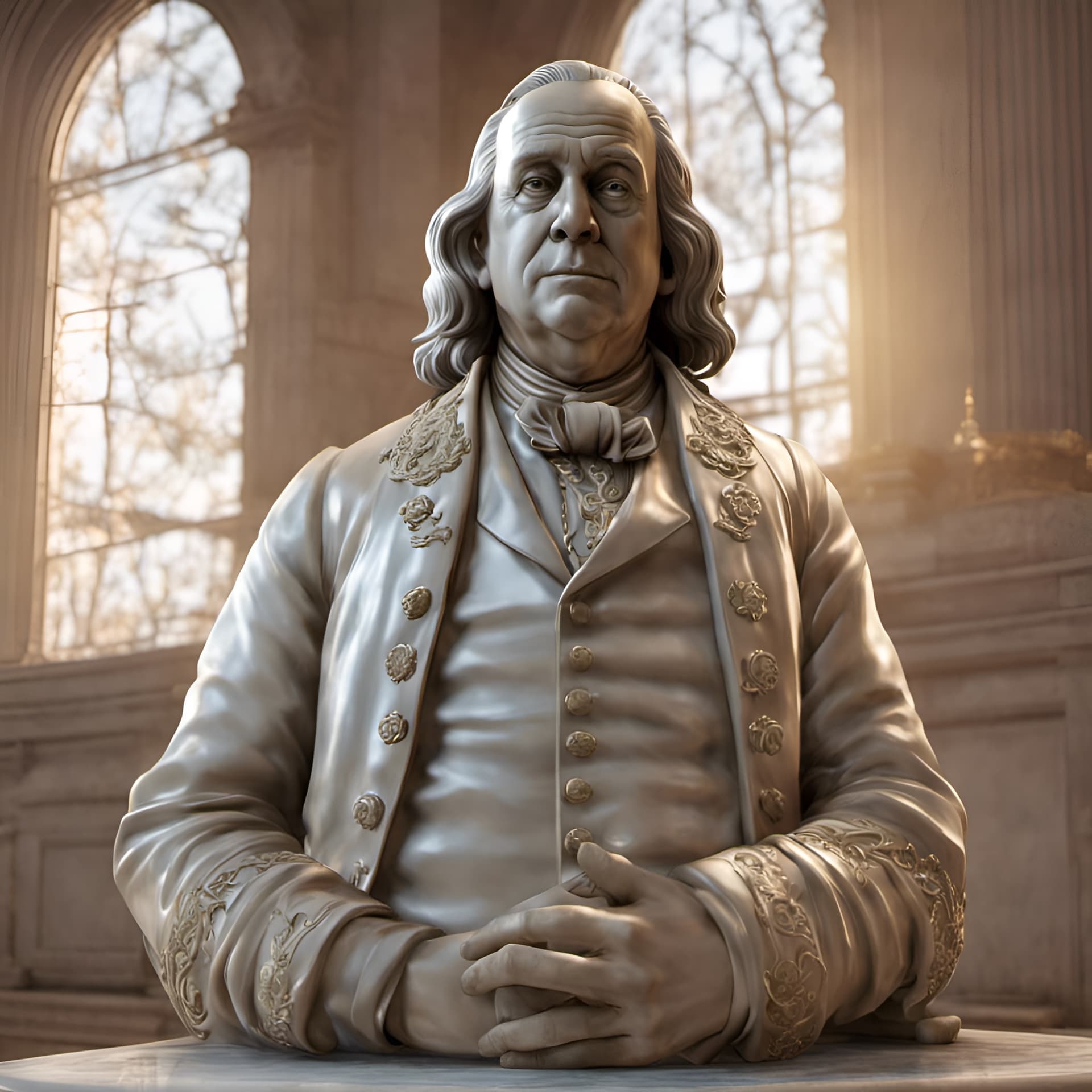 AI generated: gorgeous Benjamin franklin statue with gold filigree :: carved marble --q 2 --s 3000 --ar 1:2 --upli...