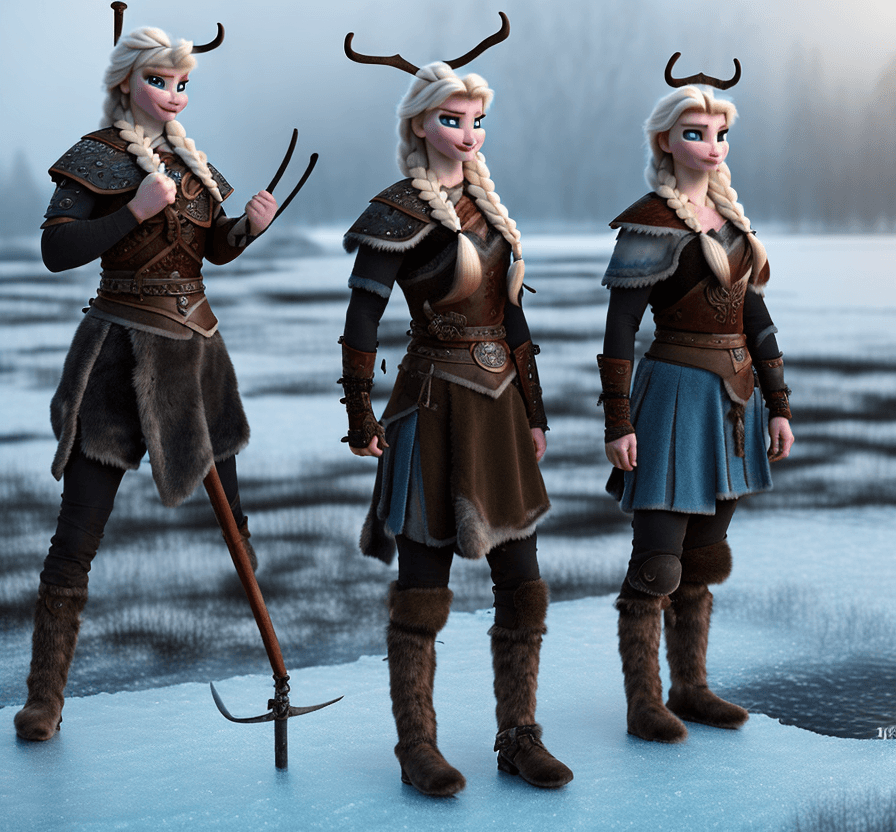 AI generated: 2  female warrior vikings are watching  a frozen pond. ;they are wearing torn leather garments 8k, i...