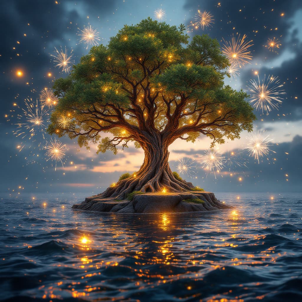 AI generated: 100 mm shot, cinematic shot, award winning CGI, perfect angle, (island Yggdrasil tree, middle of the...