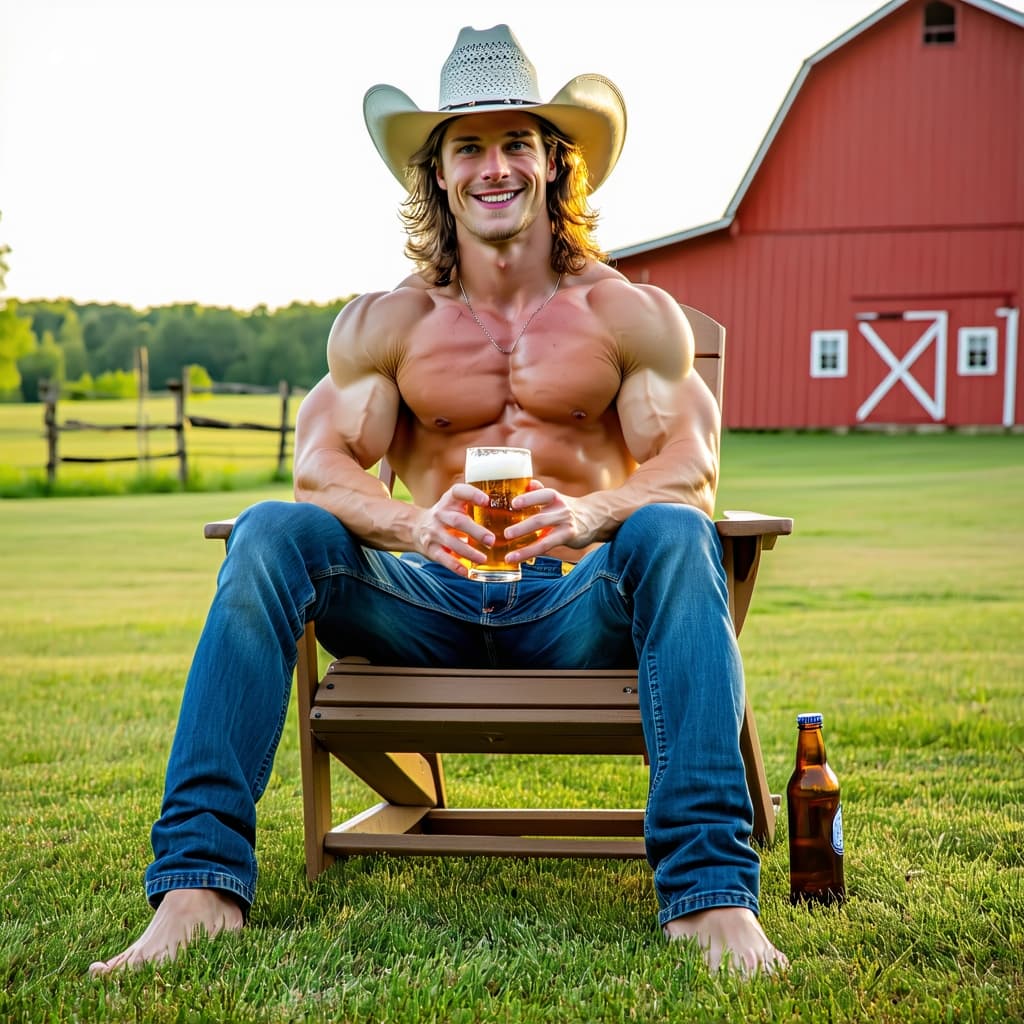 AI generated: Realistic HD video, full body image of muscular yound man, chiseled jaw line, blue eyes, big smile, ...