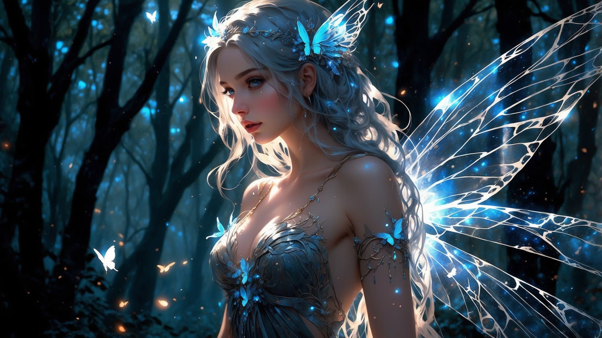 AI generated: In a misty, moonlit forest, a Beautiful elysian nymph emerges from the shadows, her ethereal beauty ...