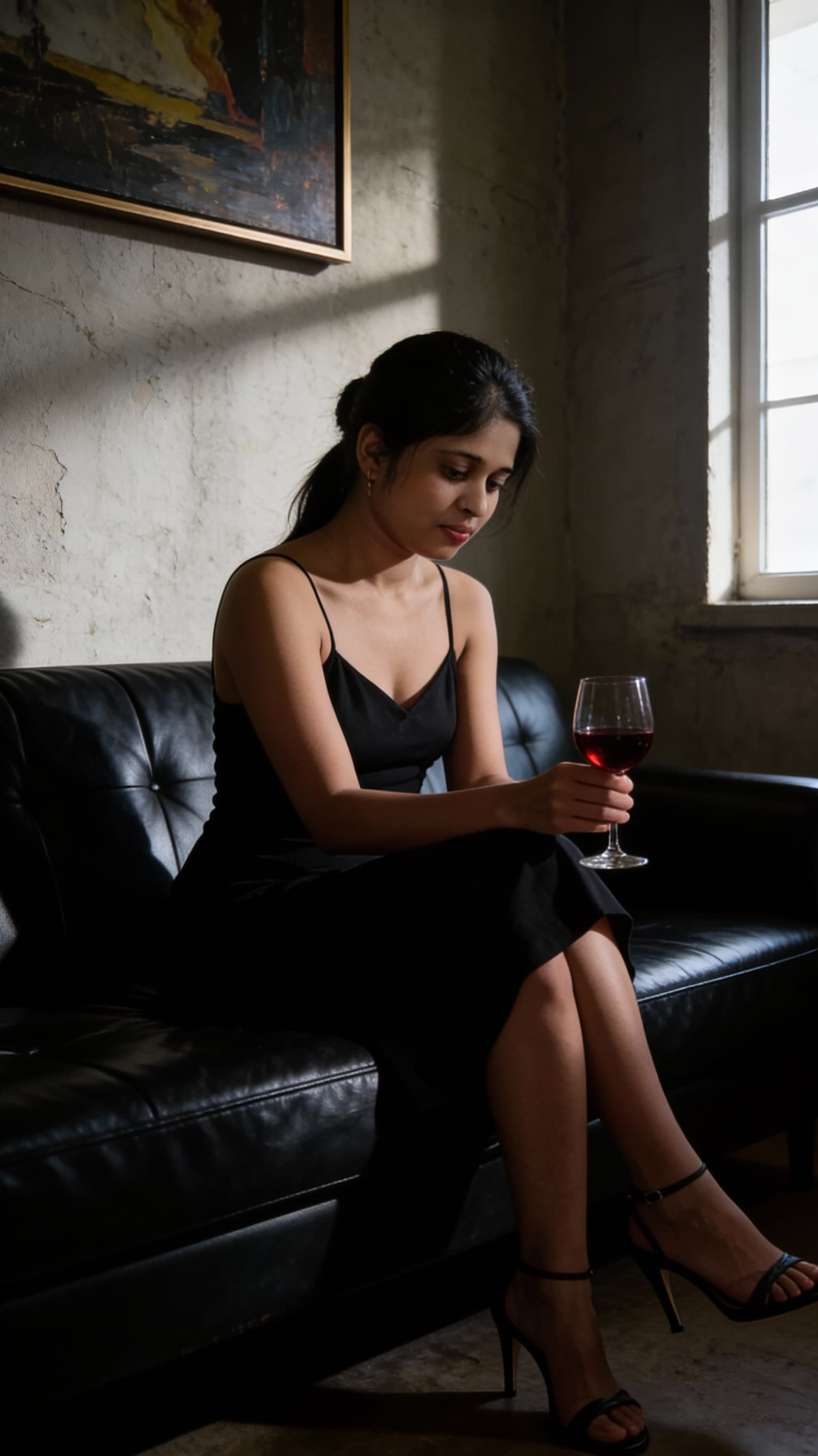 AI generated: cinematic photograph, dark shadows, high contrast, photorealistic A woman in a black spaghetti strap...