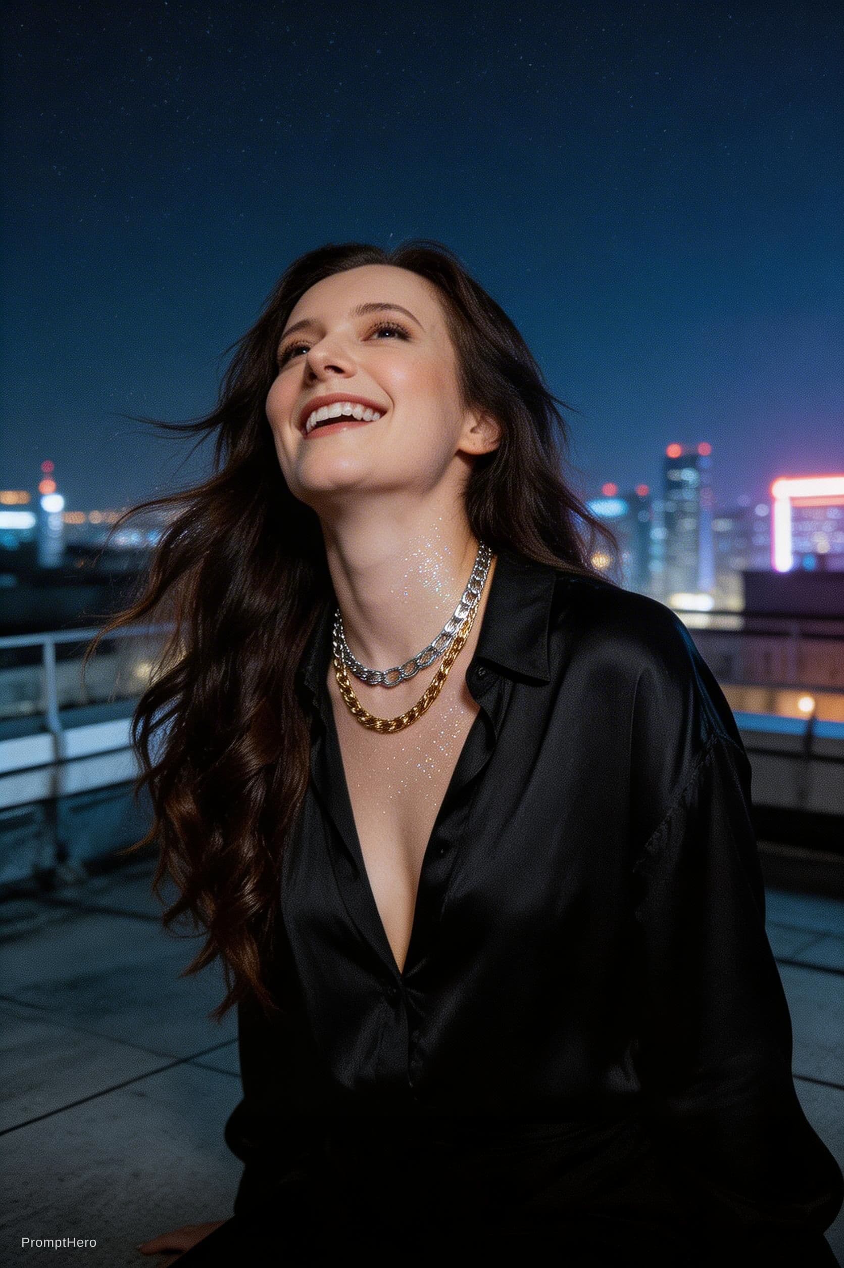 AI generated: A grainy, high-ISO rooftop documentary scene captures a tall, statuesque woman with long, dark, wind...