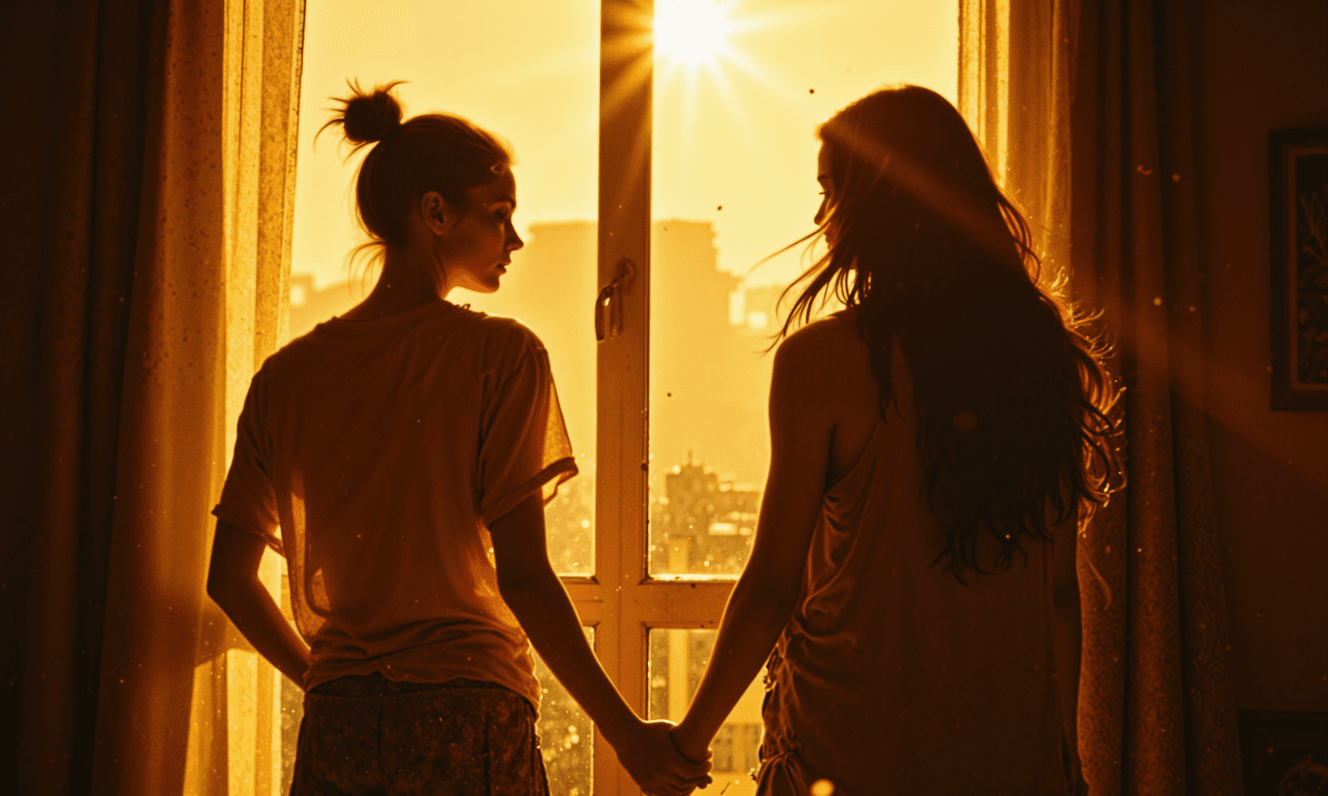 AI generated: Two adult women in their mid twenties stand at the tall window of their luxury apartment. Morning su...