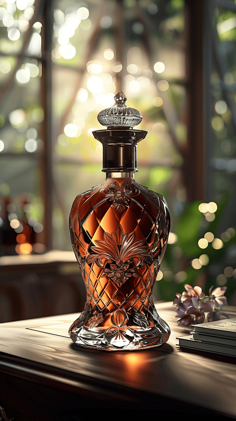 AI generated: promotional photo, cognac bottle, in the style of luxury brands, cinematic lighting, staging, photor...