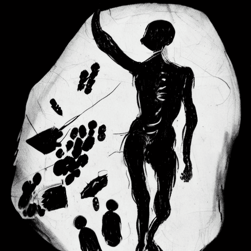 AI generated: Black china ink scribble, bizarre drawing, white background, human figure that launches into the voi...