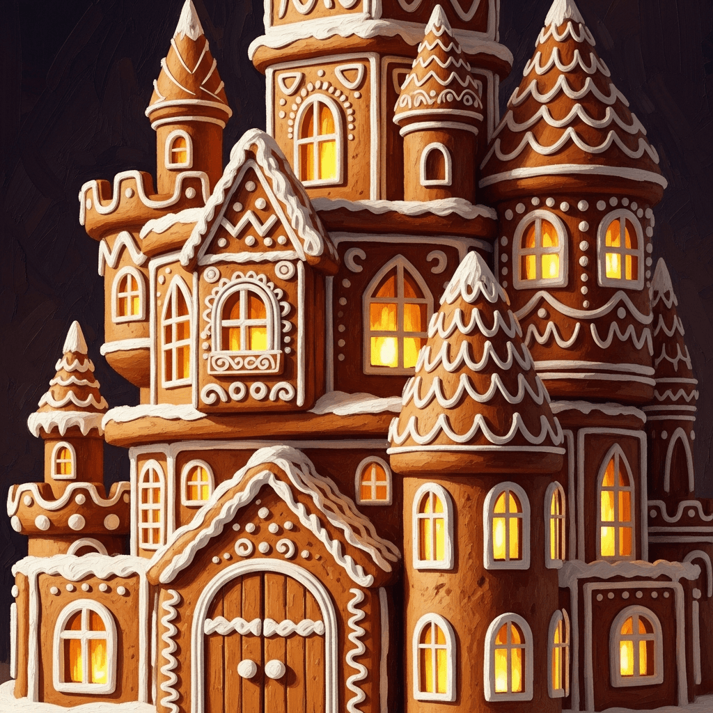 AI generated: An AI-rendered gingerbread castle comes alive through expressive, geometry-aware brushwork. Sculpted...