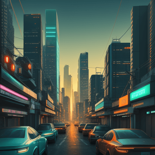 AI generated: futuristic neon cyan green orange city landscape with tall buildings streets traffic sunset very det...