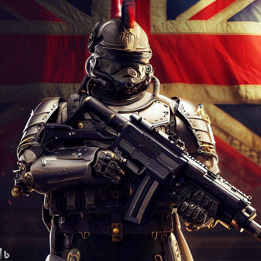 AI generated: sci-fi futuristic fully armored king's guard royal soldier, household cavalry helmet, pistol in hand...