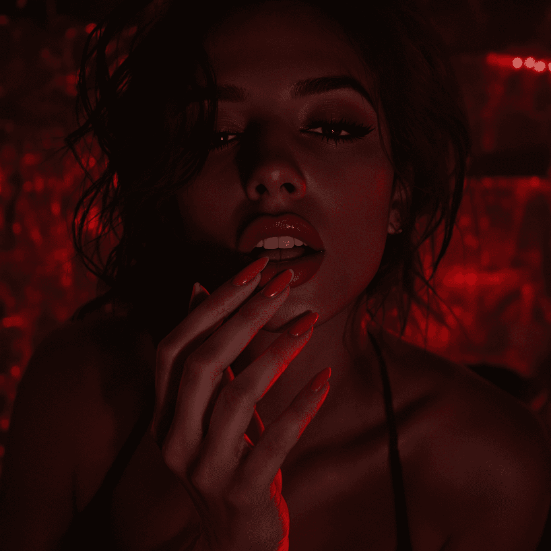 AI generated: A sexy woman biting her lower lip, only her face is visible but her eyes are hidden or cropped out o...