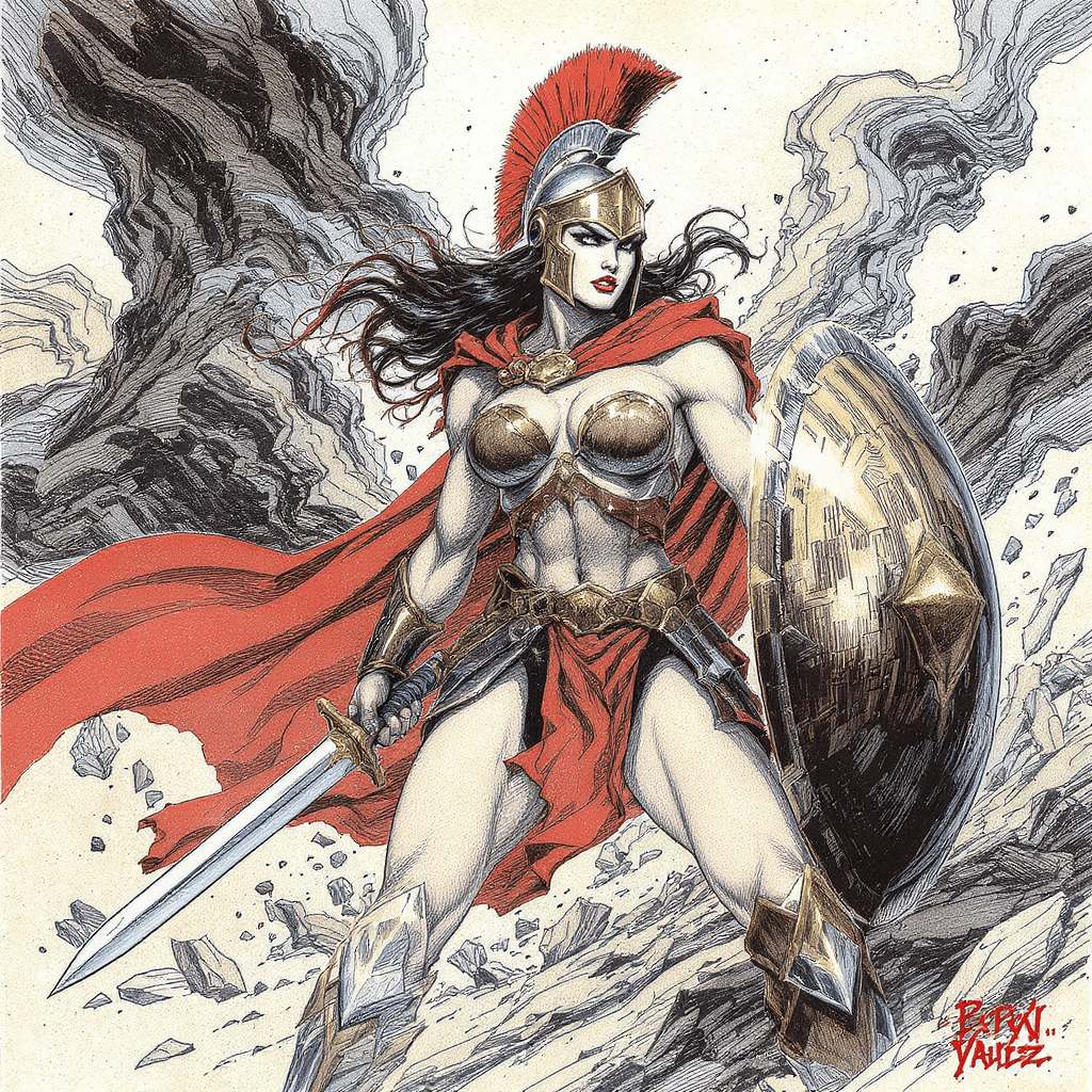 AI generated: Comic book realistic illustration, full body shot of a young gorgeous Spartan woman with thick aesth...