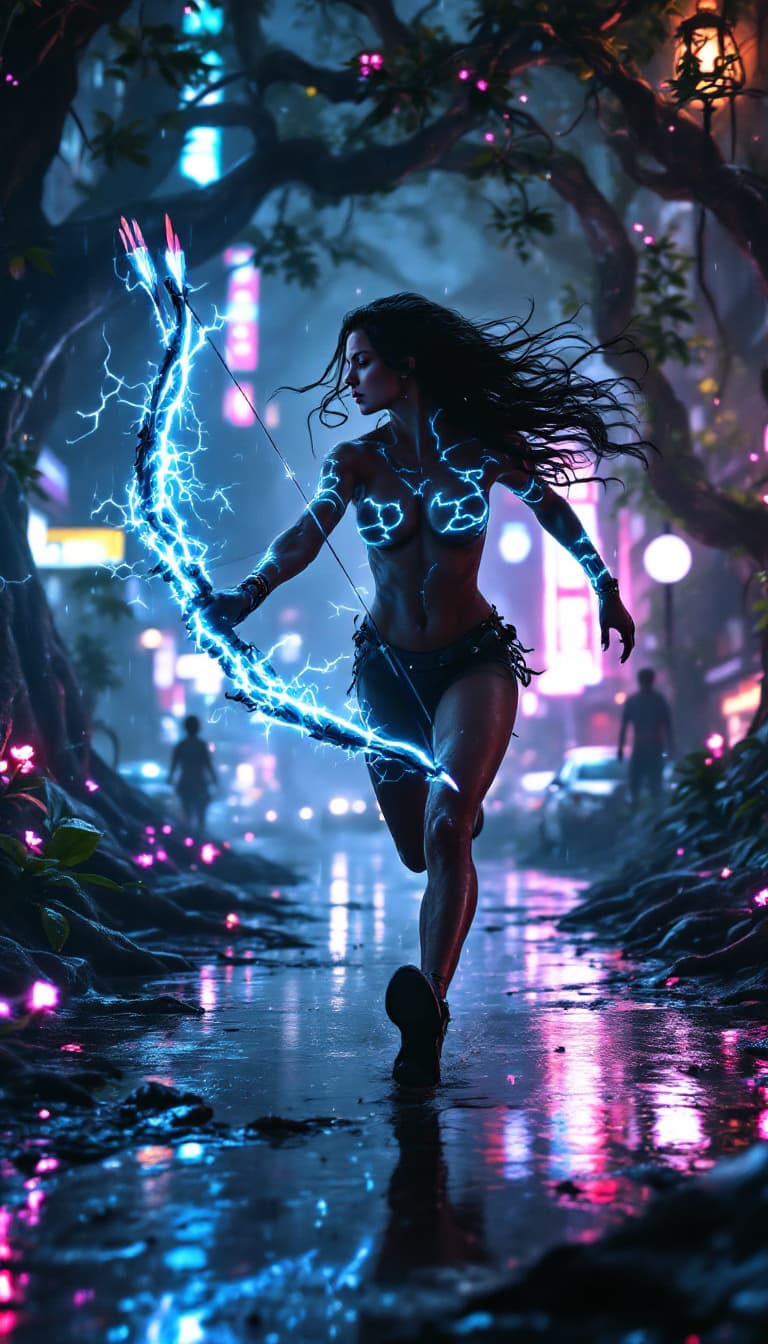 AI generated: A fierce woman with glowing silver tattoos shaped like storm clouds and lightning bolts wields a fut...
