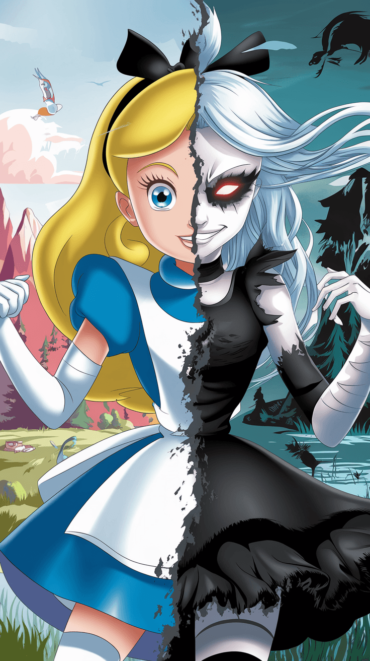 AI generated: Sharp contrast, left side: Alice from 'Alice in Wonderland', bright, clean, cel-shaded anime style, ...