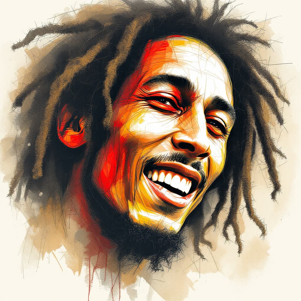 AI generated: a drawing of Bob marley famous singer face with a red eyeshadow, in the style of bold colorful lines...