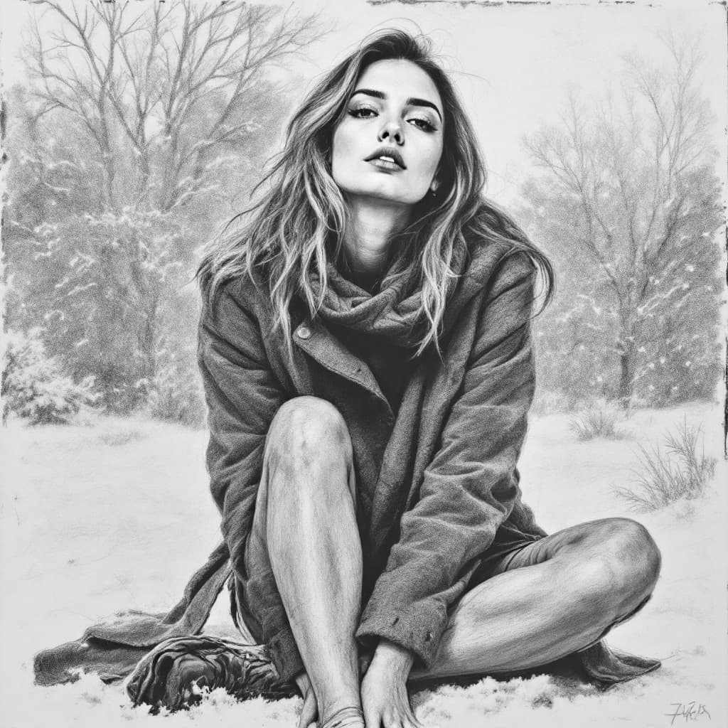 AI generated: A woman sits with her knees apart in front of the viewer, frosty winter background, sketch, pencil d...