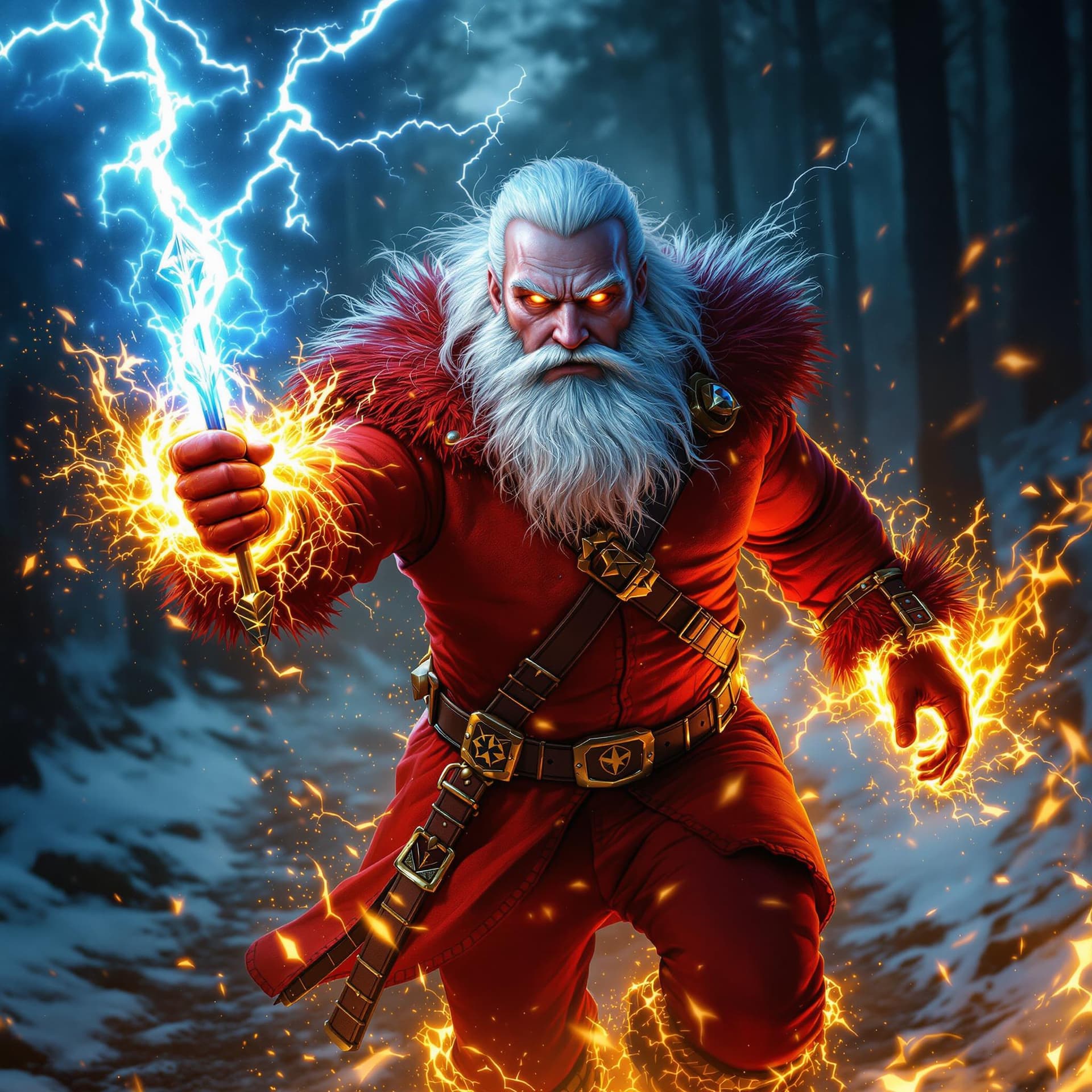 AI generated: russian uncle frost wearing red rocker clothes is depicted in an action pose, swirling thunder  with...