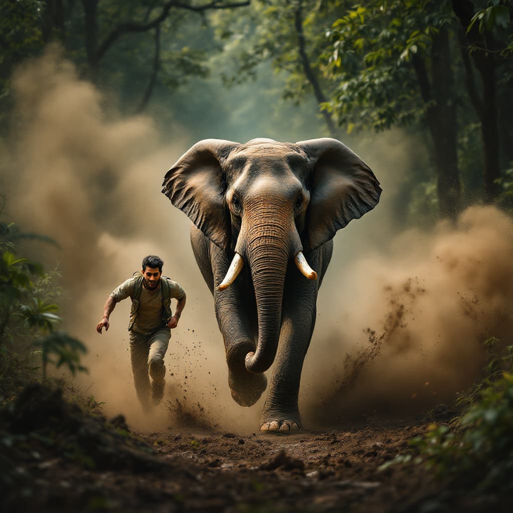 AI generated: Create a dramatic and dynamic realistic image set in a deep Kerala forest, depicting an elephant run...