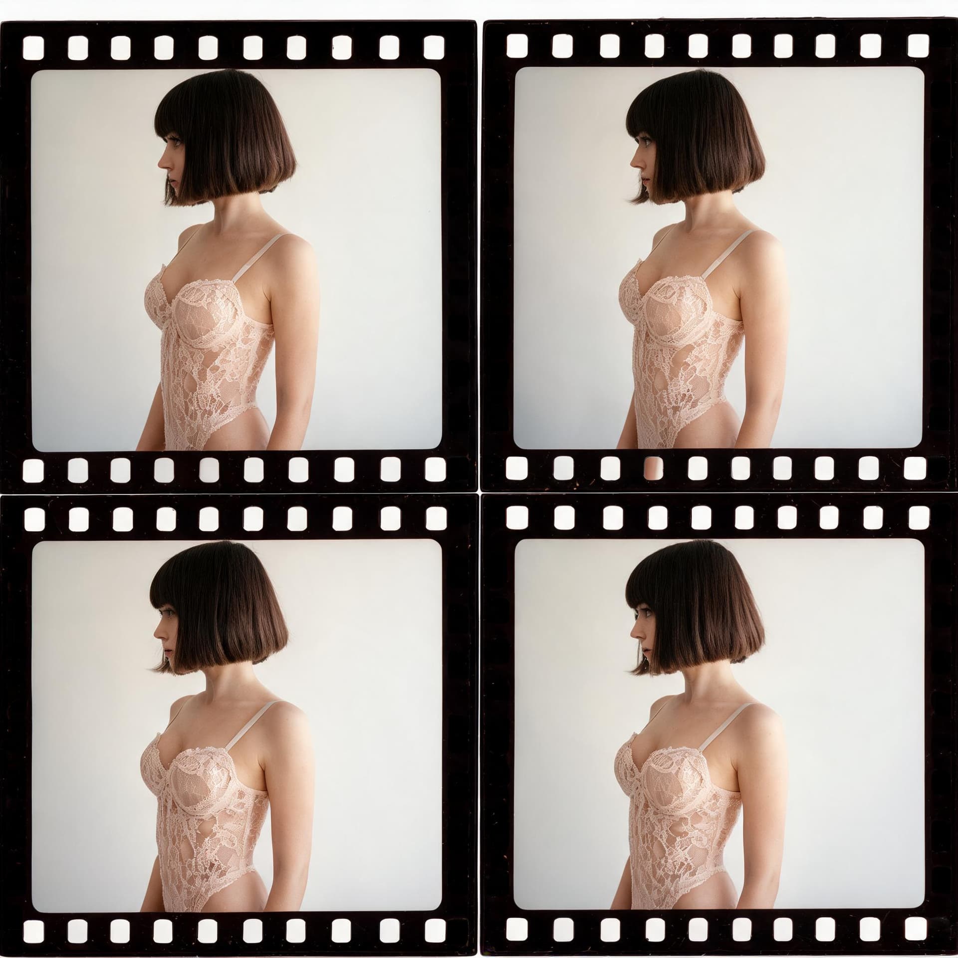AI generated: contact sheet of 35mm shots of short haired female models in side-breast-revealing valentines heart ...