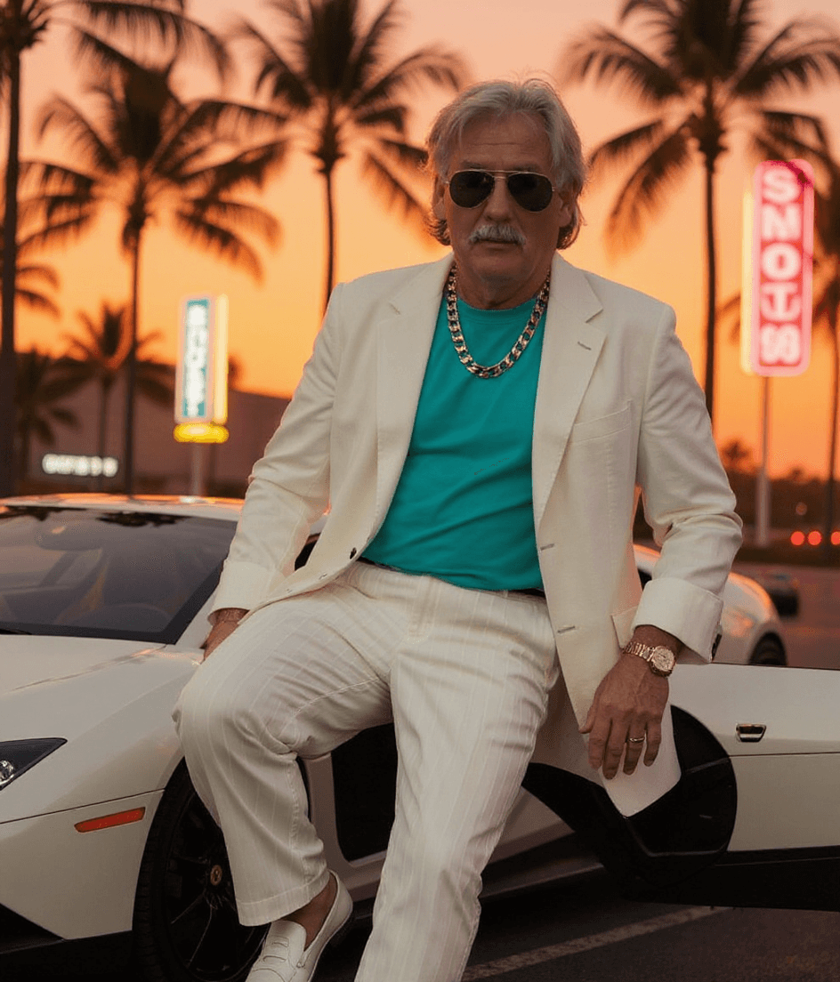 AI generated: Subject: A charismatic late-30's man. Clothing: WHITES linen blazer (sleeves rolled up) , turquoise ...