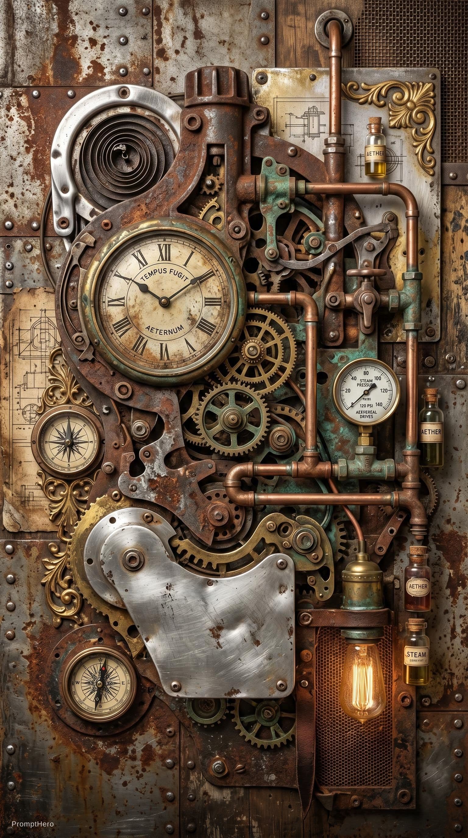 AI generated: Steam punk style one image collage, intertwining steam punk abstract work of art, photorealistic, ru...