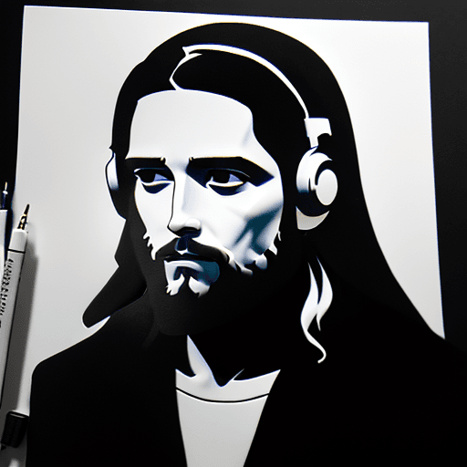 AI generated: [jesus] wearing headphones, drawn with white ink on black paper --ar 8:15 --stylize 50 --v 5.2