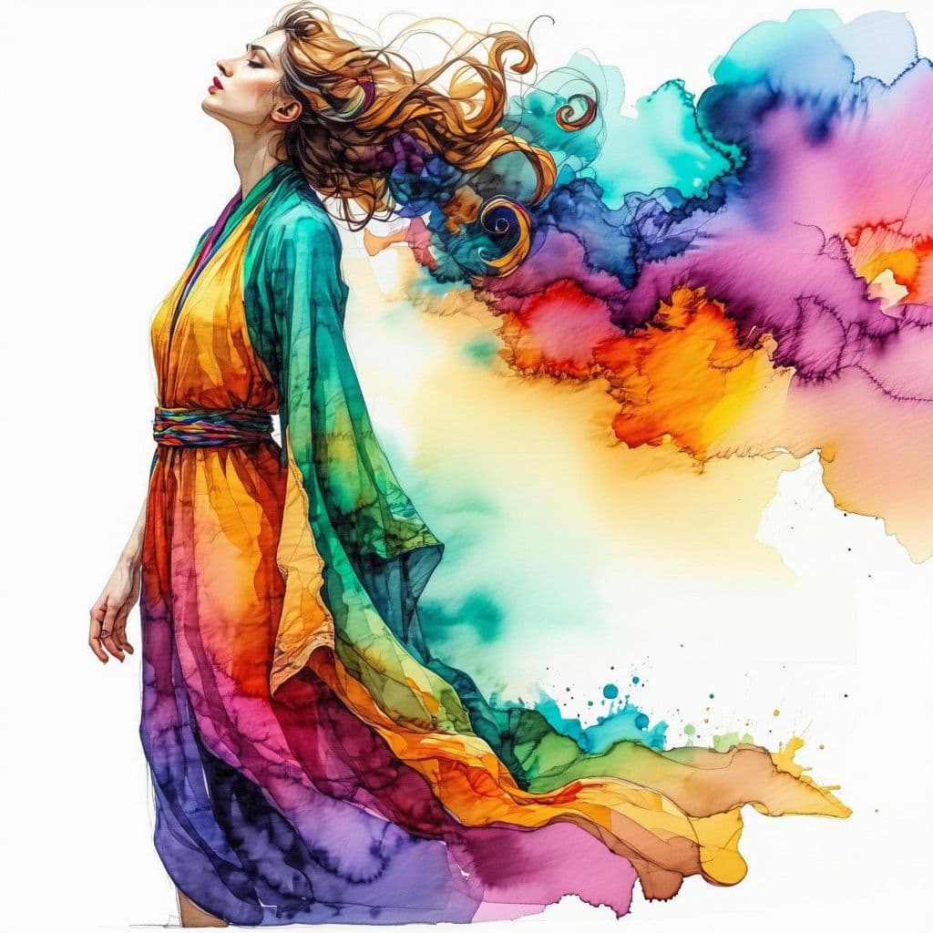AI generated: instaport-style-wonderfull-woman-in-colourfull-cloth-surreal, watercolour sketch art