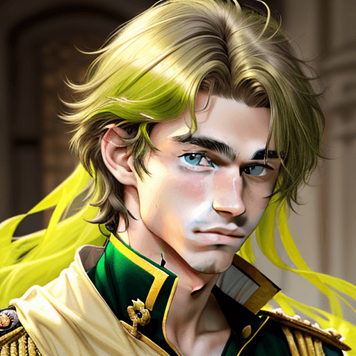 AI generated: young 18 year old prince with dark streaked hair and yellowish green eyes