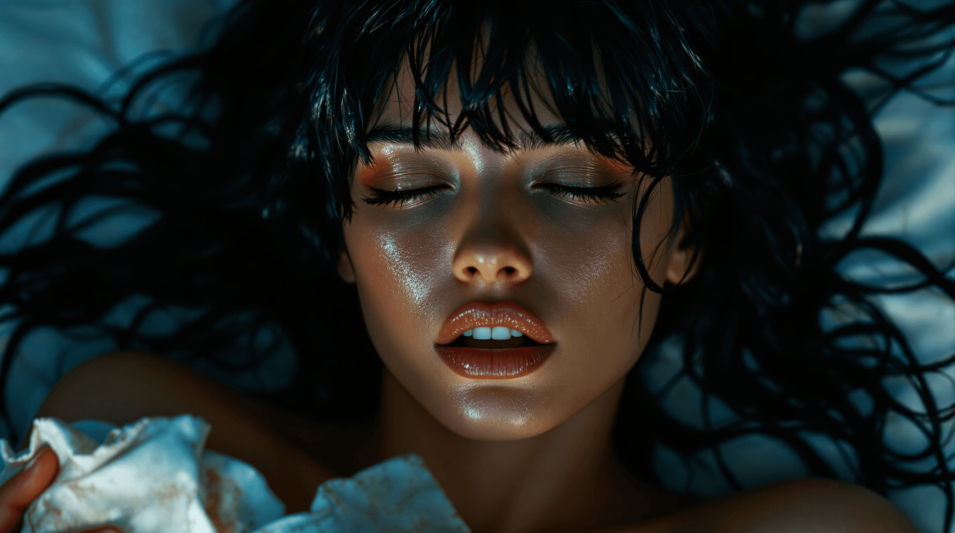AI generated: extreme high angle, extreme close-up photo of a stunning woman (Lilith) in bed . Her raven tresses c...